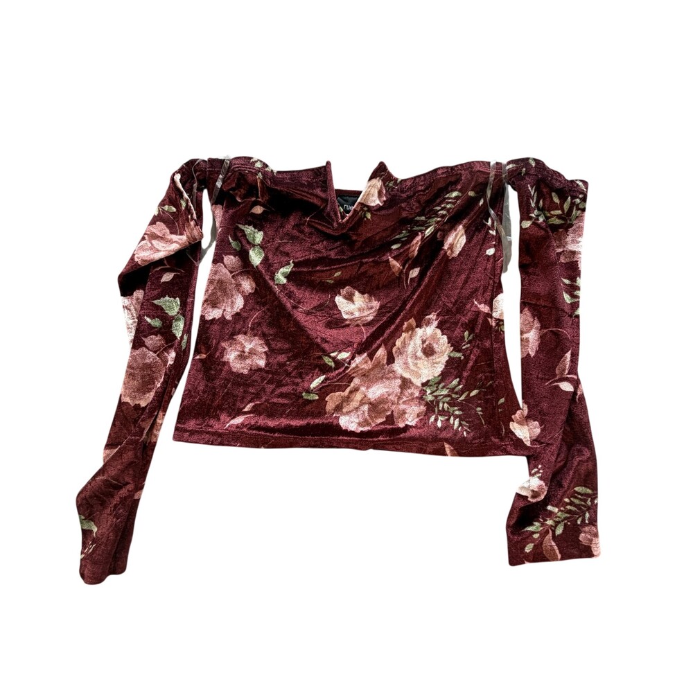 Rue21 Blouse Womens Small Red Floral Velvet Off Shoulder Long Sleeve Crop